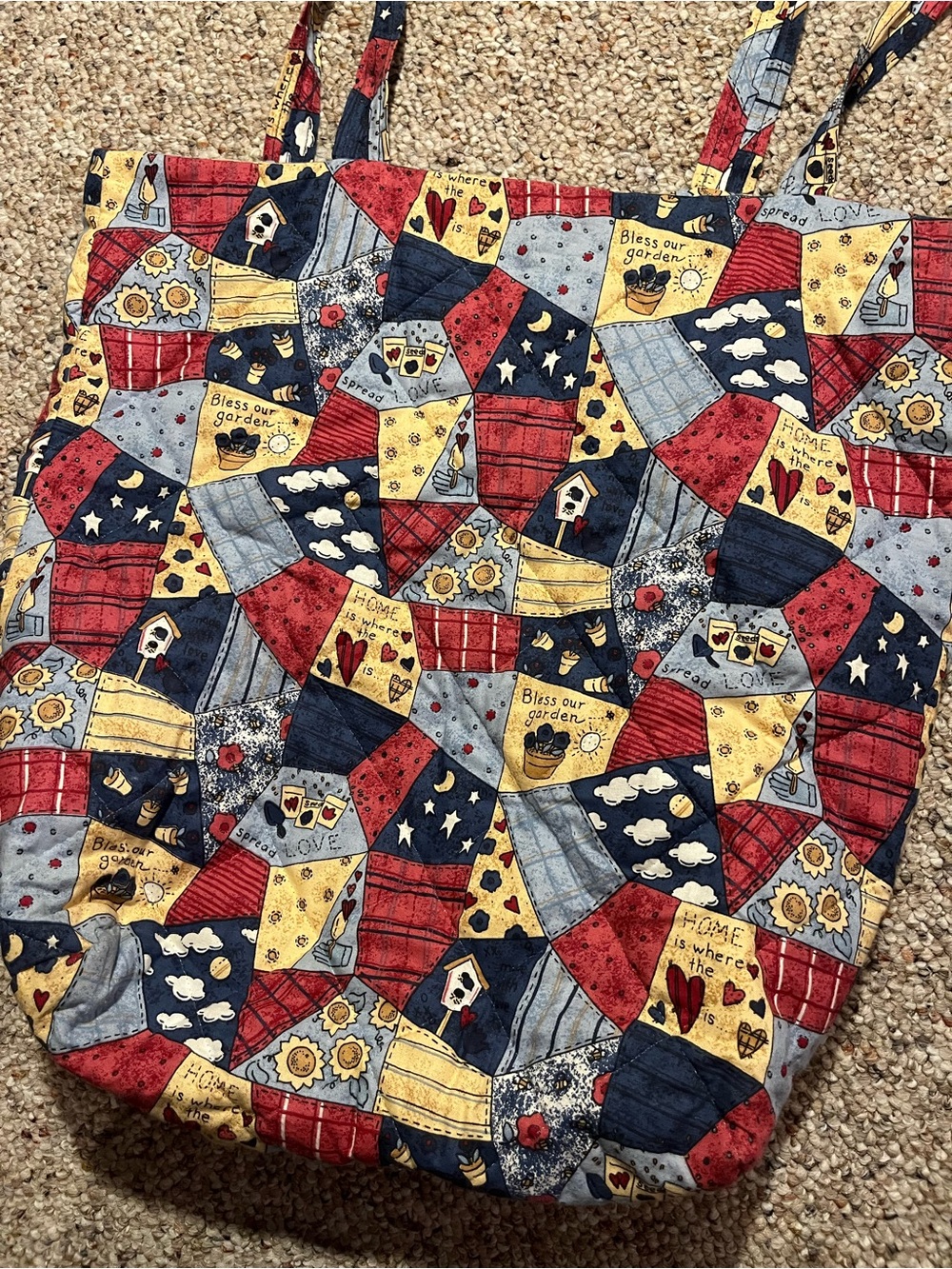 Handmade Quilted Patchwork Tote with Bag in Red, Navy & Yellow - Picture 6 of 8